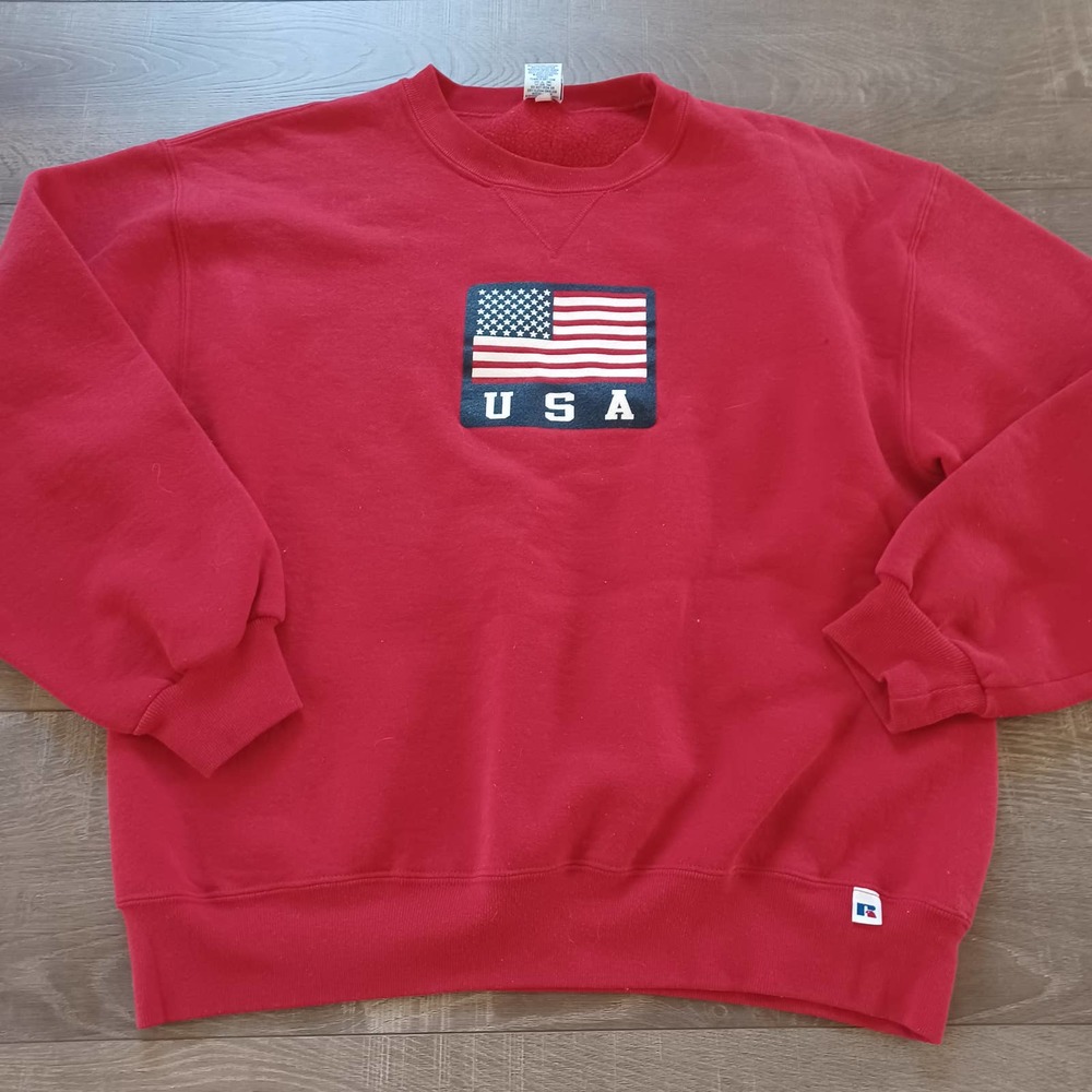 Russell Vintage 90s Red USA American Flag Crewneck Sweater Large